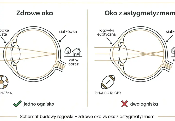 Zdrowe oko z kulistą rogówką skupia światło w jednym punkcie, dając ostry obraz. Oko z astygmatyzmem ma eliptyczną rogówkę, co powoduje rozmyty obraz.