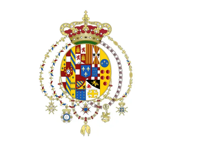Stemma reale del regno delle due Sicilie, con corona e collane di ordini cavallereschi.