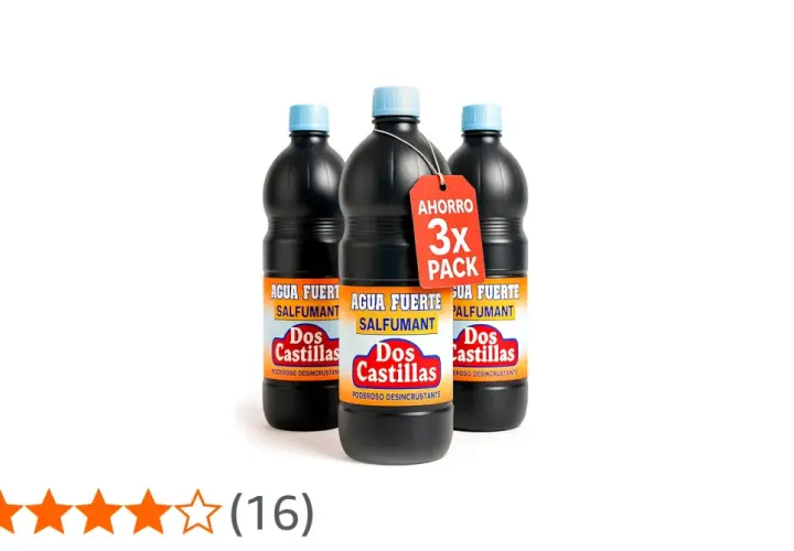 Tres botellas de Agua Fuerte Salfuman Dos Castillas, un poderoso desincrustante para que sirve a limpiar a fondo.