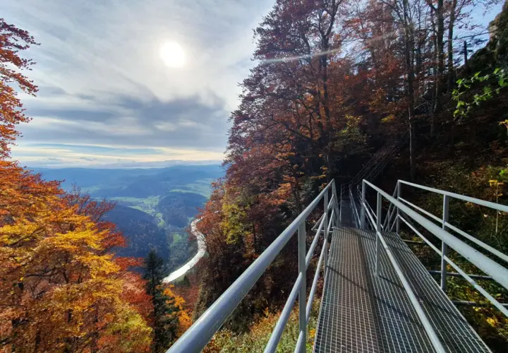 Metalowy taras widokowy na Trzy Korony w jesiennej odsłonie. Widok na dolinę Dunajca i Pieniny.