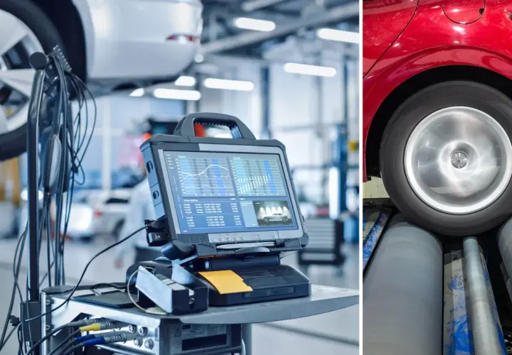 Bilprovning med datoranalys och rullande hjul. Frågan "hur många gånger kan man besikta om bilen" är relevant vid underkänd besiktning.