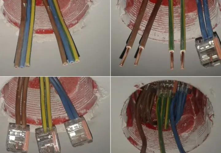 Schemat łączenia kabli w puszkach elektrycznych. Widać przygotowane do połączenia przewody i złączki.