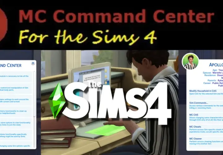 Interfejs MC Command Center w The Sims 4. Widok panelu z opcjami modyfikacji Simów, karier i czyszczenia.