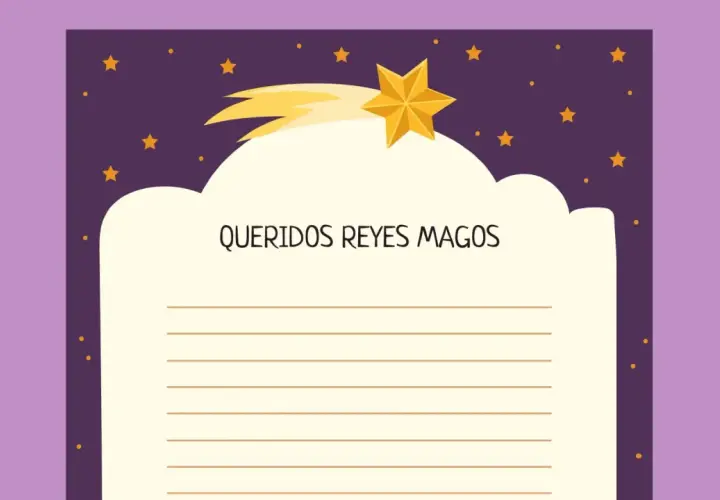 Plantilla para escribir la carta de los Reyes Magos a los niños. Incluye un espacio para escribir y una estrella fugaz en un cielo estrellado.