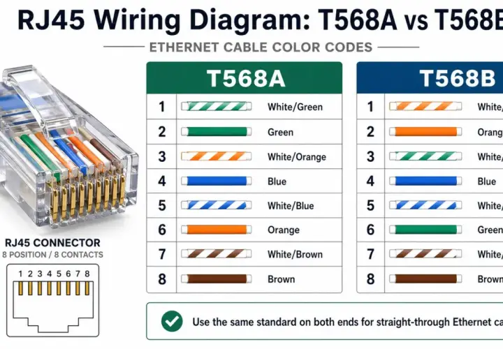 Diagrama de cableado RJ45: T568A vs T568B, mostrando el poe pinout y códigos de colores para cables Ethernet.