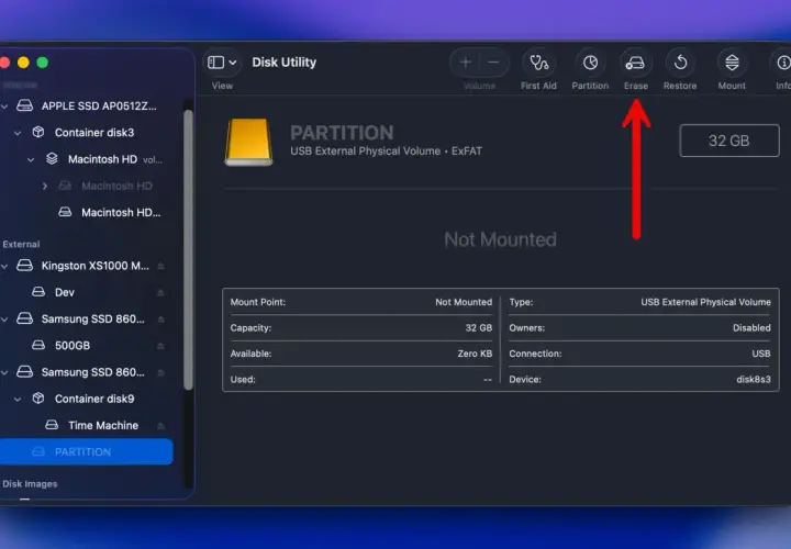 Disk Utility zeigt, dass die externe Festplatte nicht erkannt wird. Die Option "Löschen" ist hervorgehoben.