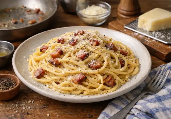 Un plat de spaghetti crémeux, garni de lardons croustillants et de parmesan râpé, évoquant une délicieuse sauce carbonara.