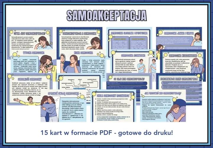 Samoakceptacja definicja: obraz przedstawia 15 kart z informacjami o samoakceptacji, samoocenie i sposobach pracy nad sobą.