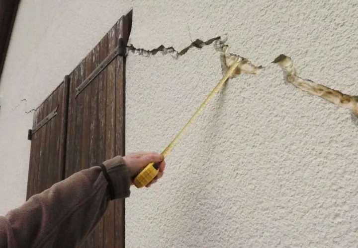 Une main mesure une large fissure sur le mur extérieur d'une maison, près de volets en bois.