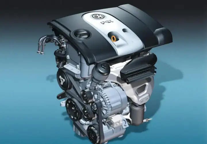 Silnik Volkswagen 1.6 MPI z widocznymi paskami, alternatorem i osłoną.
