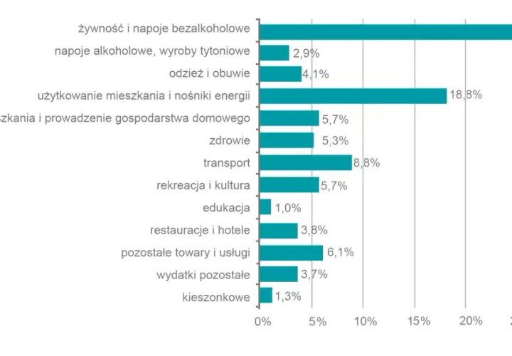 Wykres słupkowy pokazuje, na co wydajemy najwięcej pieniędzy: żywność i napoje bezalkoholowe (27,7%) oraz użytkowanie mieszkania i nośniki energii (18,8%).