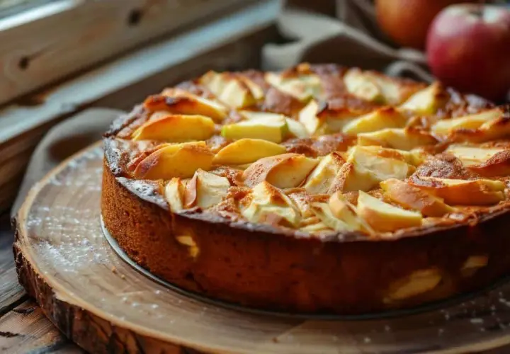 Gâteau yaourt pomme doré, garni de quartiers de pommes caramélisés, saupoudré de sucre glace, sur un plateau en bois rustique.