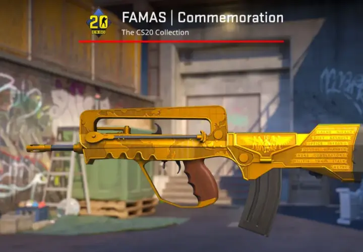 Złoty FAMAS | Commemoration z kolekcji CS20, ozdobiony mapami i motywami.