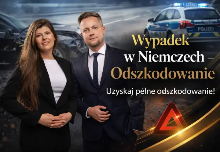 Para prawników oferuje pomoc w uzyskaniu zadośćuczynienia po wypadku w Niemczech. W tle uszkodzone samochody i radiowóz.