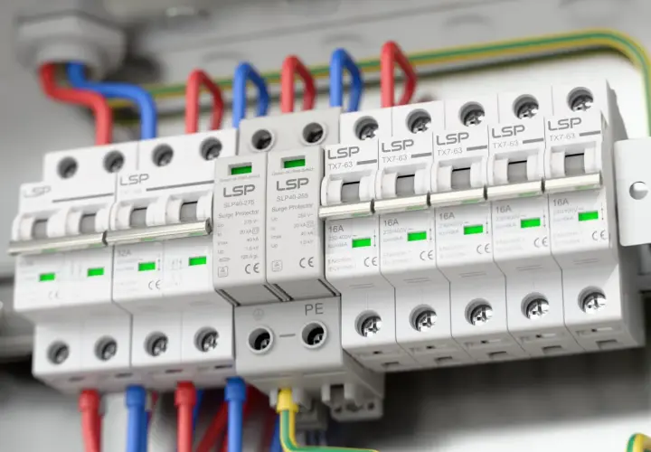 Zabezpieczenie przeciwprzepięciowe LSP chroni instalację elektryczną przed nagłymi skokami napięcia. Widać tu kilka modułów zabezpieczających.