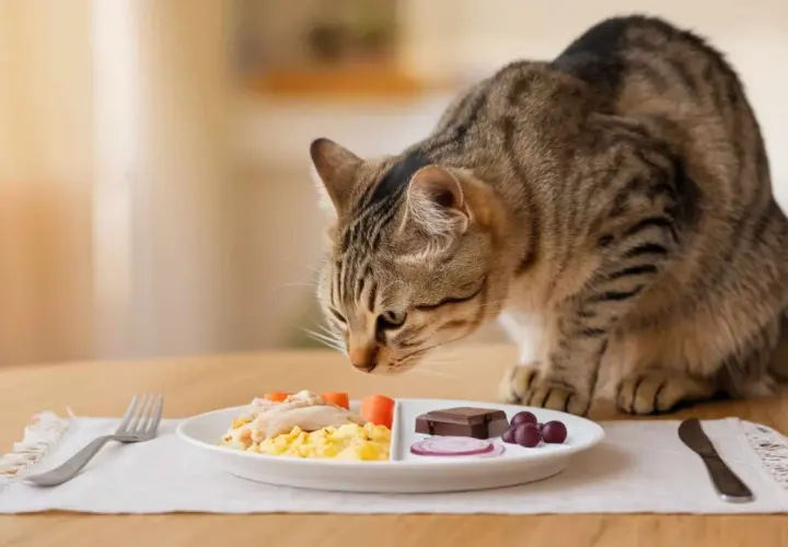 Gato atigrado olisquea un plato con huevos revueltos, zanahorias y arroz. Los gatos pueden comer arroz, pero este plato también tiene chocolate y uvas, ¡peligrosos para ellos!