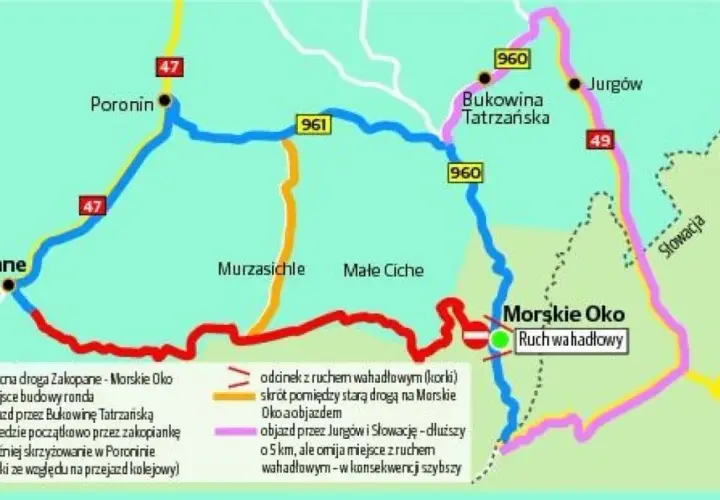 Mapa pokazuje jak dojechać do Morskiego Oka z Zakopanego. Wskazuje objazdy i odcinki z ruchem wahadłowym.