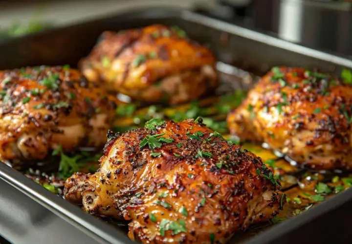 Quatre cuisses de poulet rôties et garnies de persil frais dans un plat de cuisson.