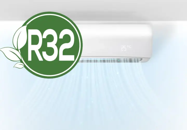 Aire acondicionado con símbolo de hoja y R32. El gas R32 es una alternativa ecológica, no prohibido.