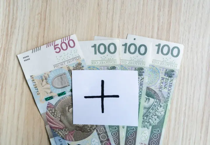 Złotówki: 500 i 100. Plusik na kartce symbolizuje nadzieję na zarobki 4500 brutto.