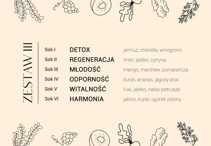 Dieta sokowa efekty: zestawy soków na detoks, regenerację, młodość, odporność, witalność i harmonię. Składniki: jarmuż, imbir, mango, burak, kiwi, jabłko.