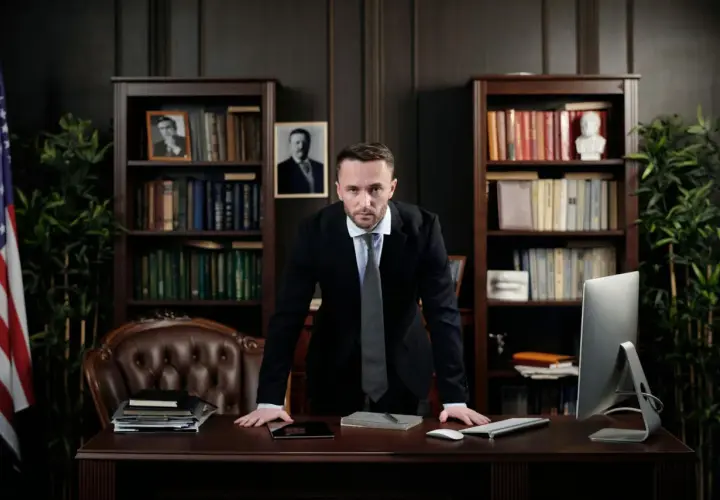Un homme en costume se tient derrière un bureau, prêt à rendre un jugement contradictoire. Des livres et un drapeau américain ornent la pièce.