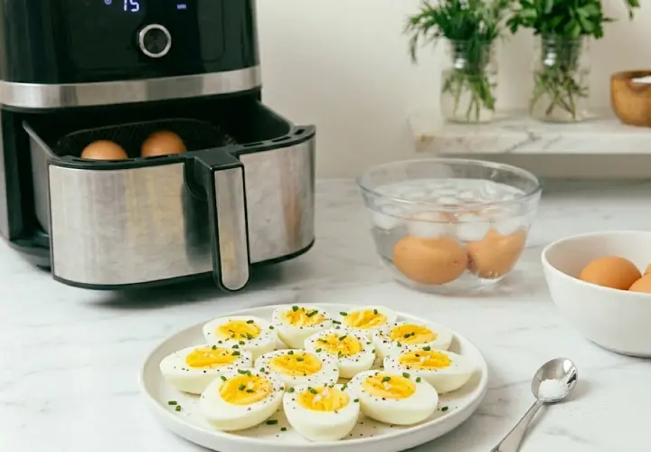 Uova sode in friggitrice ad aria pronte per essere gustate. Un modo facile e veloce per preparare un pasto sano.