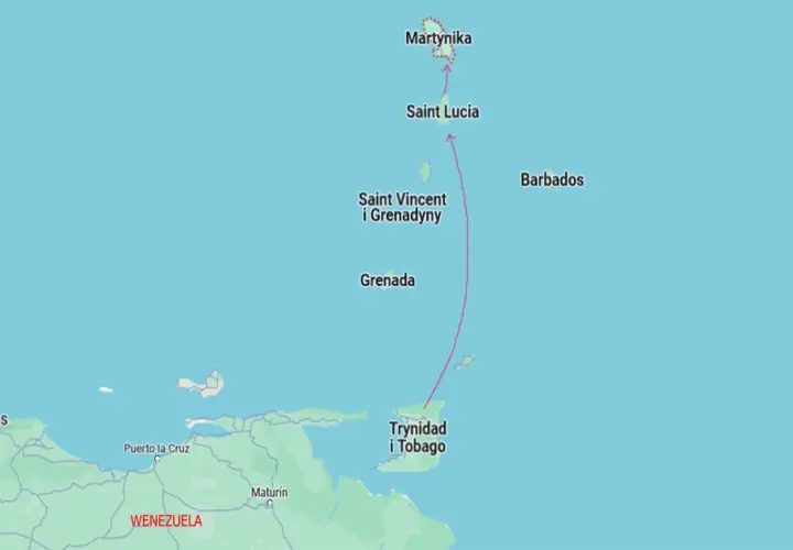 Mapa Karaibów pokazuje, gdzie leży Martynika, na północ od Saint Vincent i Grenadyn, Trynidadu i Tobago oraz Wenezueli.