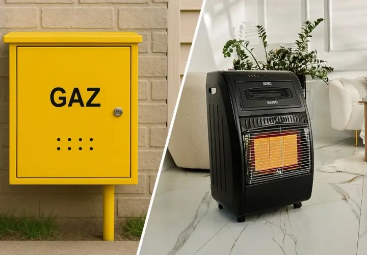 Żółta skrzynka gazowa obok czarnego piecyka gazowego. Dowiedz się, jak wyczyścić piecyk gazowy, aby działał sprawnie.