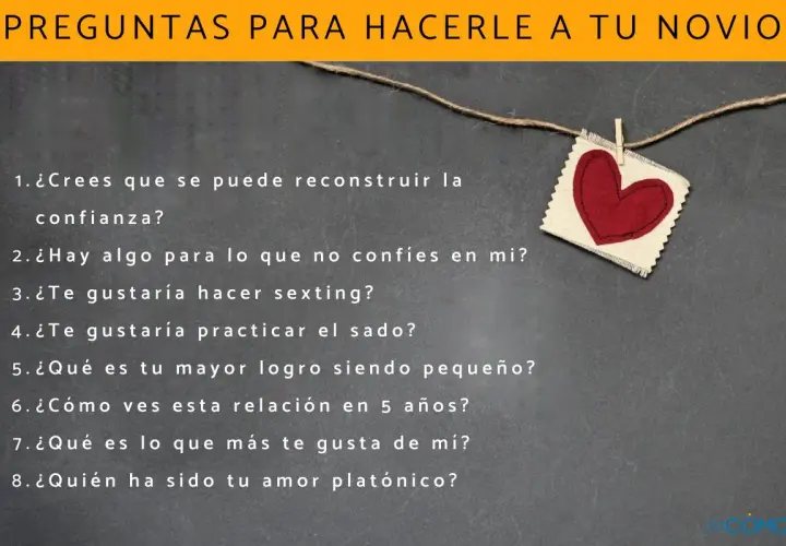 Lista de preguntas para conocer a tu pareja, incluyendo temas de confianza, intimidad y futuro. Un corazón de tela cuelga de un hilo.