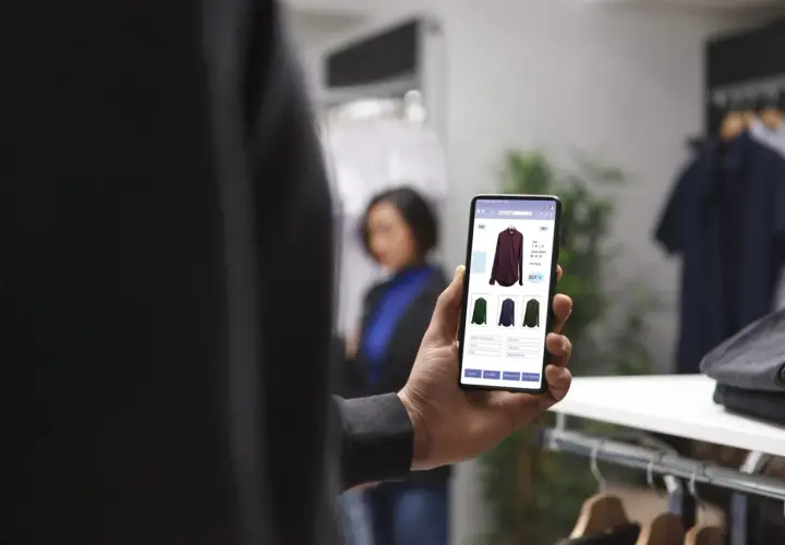 Mężczyzna przegląda trendy ecommerce na telefonie, wybierając koszulę w sklepie.
