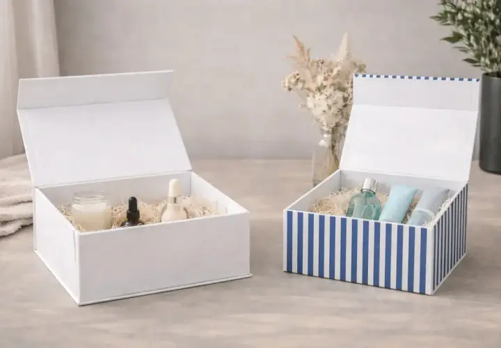 Zwei offene Geschenkboxen, eine weiße mit Pflegeprodukten, eine gestreifte mit Parfum und Cremes. Perfekt zum geschenkbox basteln.