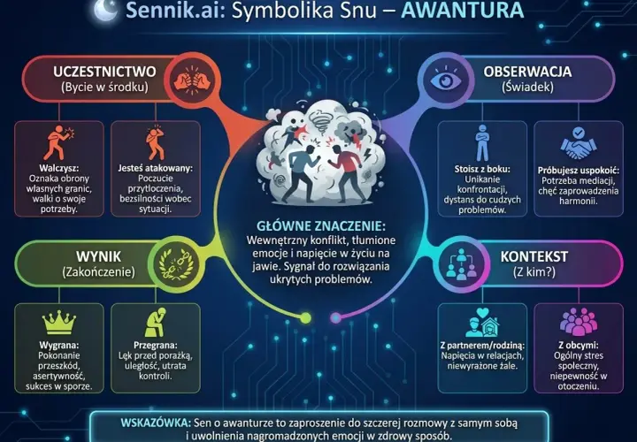 Sennik: awantura we śnie to wewnętrzny konflikt i tłumione emocje. Symbolizuje potrzebę rozwiązania problemów.