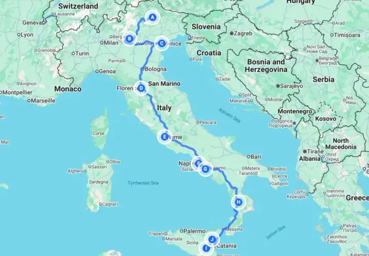 A map showing a route from Northern Italy down to Sicily, perfect for a southern Italy road trip.