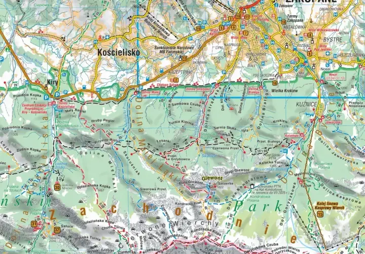 Mapa turystyczna Tatr z zaznaczonymi szlakami, dolinami i szczytami. Widoczne Zakopane, Kościelisko, Kuźnice i Kasprowy Wierch.