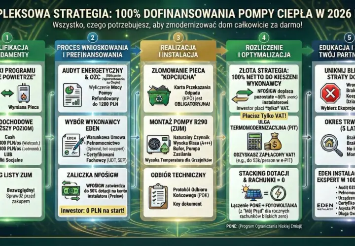 Kompleksowa strategia 100% dofinansowania pompy ciepła. Proces krok po kroku: od kwalifikacji, przez wniosek, montaż, rozliczenie, aż po uniknięcie pułapek.