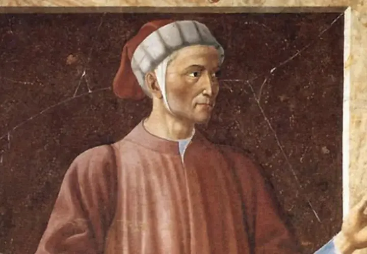 Portret Dantego, poety w czerwonej szacie i czepku, z gestem dłoni.