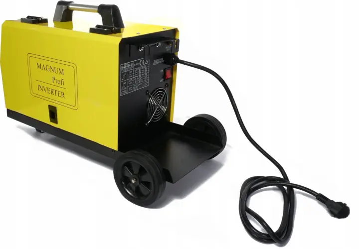 Żółta spawarka Magnum Profi Inverter MIG-MMA 200 W IGBT na kółkach, z kablem zasilającym.