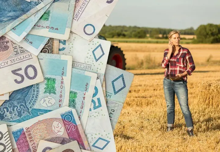 Pieniądze i młoda rolniczka na polu. Czy to premia dla młodego rolnika?