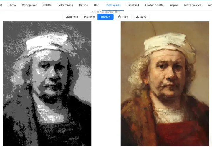 Portret mężczyzny w białym nakryciu głowy, po lewej w wersji monochromatycznej, po prawej w pełnym kolorze, ukazujący klasyczne malarstwo akademickie.