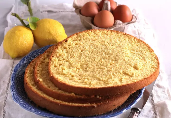 Fette di soffice sponge cake su un piatto blu, con limoni e uova sullo sfondo, pronte per una deliziosa torta.