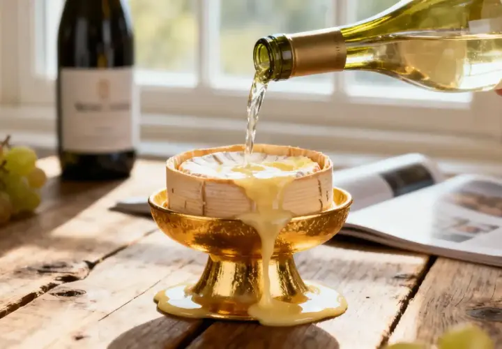 Vin blanc versé sur un fromage fondant, prêt pour une fondue suisse. Raisins et bouteille en arrière-plan.