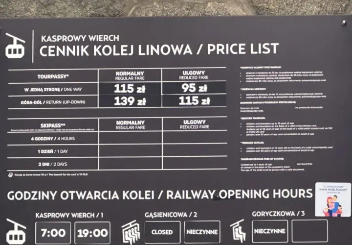 Cennik kolejki linowej na Kasprowy Wierch: ceny biletów normalnych i ulgowych, godziny otwarcia.