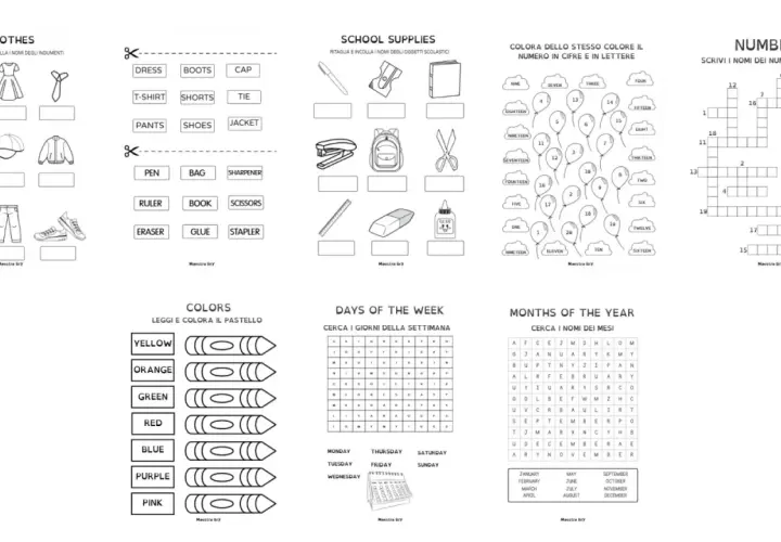 Scheda didattica con disegni per imparare i giorni della settimana in inglese da stampare, insieme a colori, vestiti e materiale scolastico.