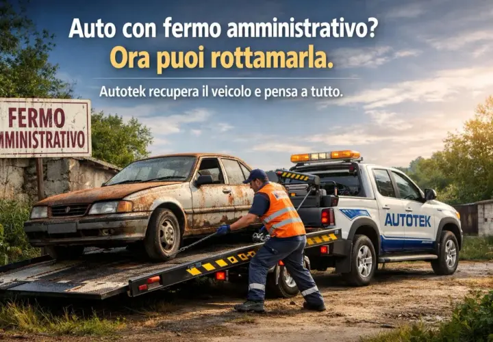 Un carro attrezzi Autotek recupera un'auto arrugginita con fermo amministrativo. Ora puoi rottamarla facilmente.