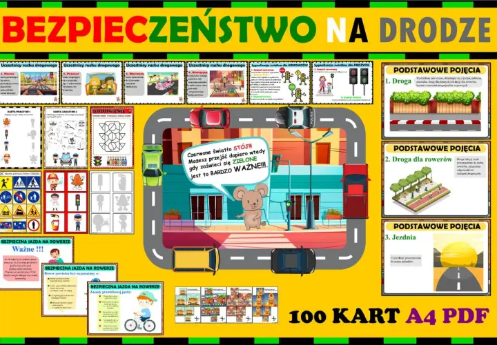Ilustracja edukacyjna o bezpieczeństwie na drodze, z elementami do nauki o ruchu drogowym, sygnalizacji świetlnej i zasadach jazdy. Pokazuje drogę przebiegu pojazdów i pieszych.