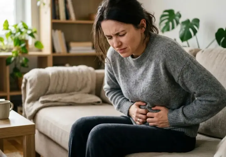 Kobieta siedzi na kanapie, trzymając się za brzuch. Jej twarz wyraża ból, co może być jednym z objawów szybkiego metabolizmu.