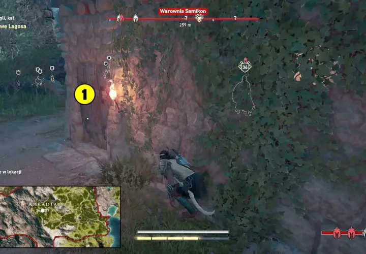 Gracz w Assassin's Creed Odyssey poradnik zbliża się do wejścia oznaczonego cyfrą 1, gdzie czeka go zadanie.