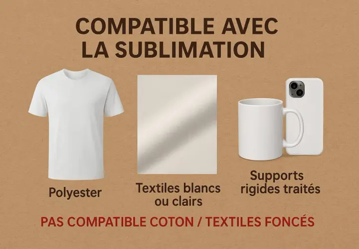 T-shirt en polyester, tissu clair, mug et coque de téléphone : tous compatibles avec l'impression sublimation.