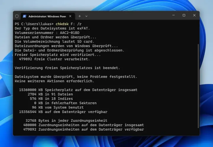 chkdsk SD-Karte: Überprüfung des Dateisystems abgeschlossen. Keine Probleme gefunden.